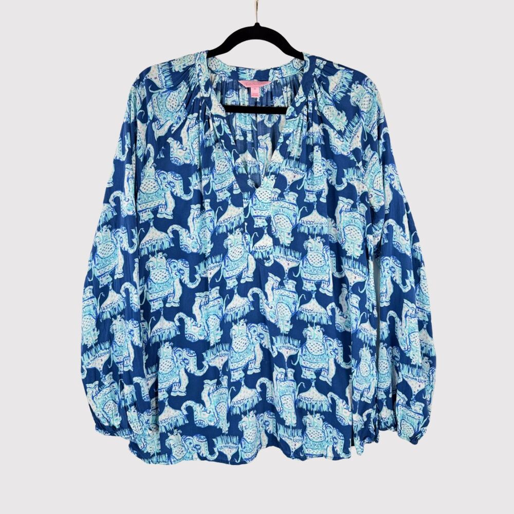 Lilly Pulitzer Womens Top Blue Martinique Elephant V Neck Blouse Casual Medium - Picture 2 of 13